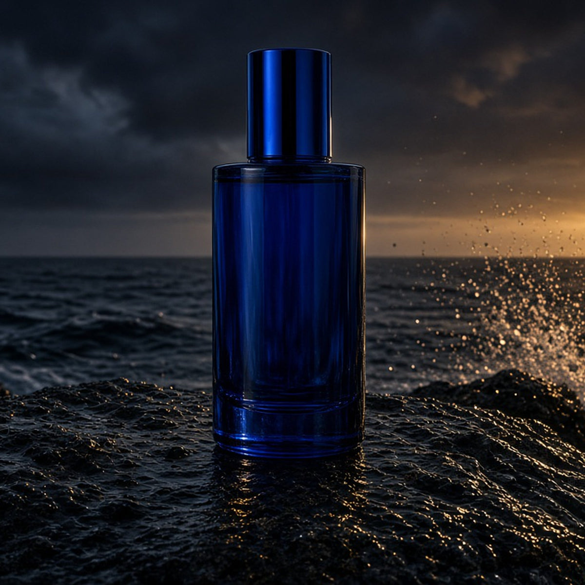 KOTH Moana Fresh Aquatic Cologne 50ml, cobalt blue bottle by the ocean