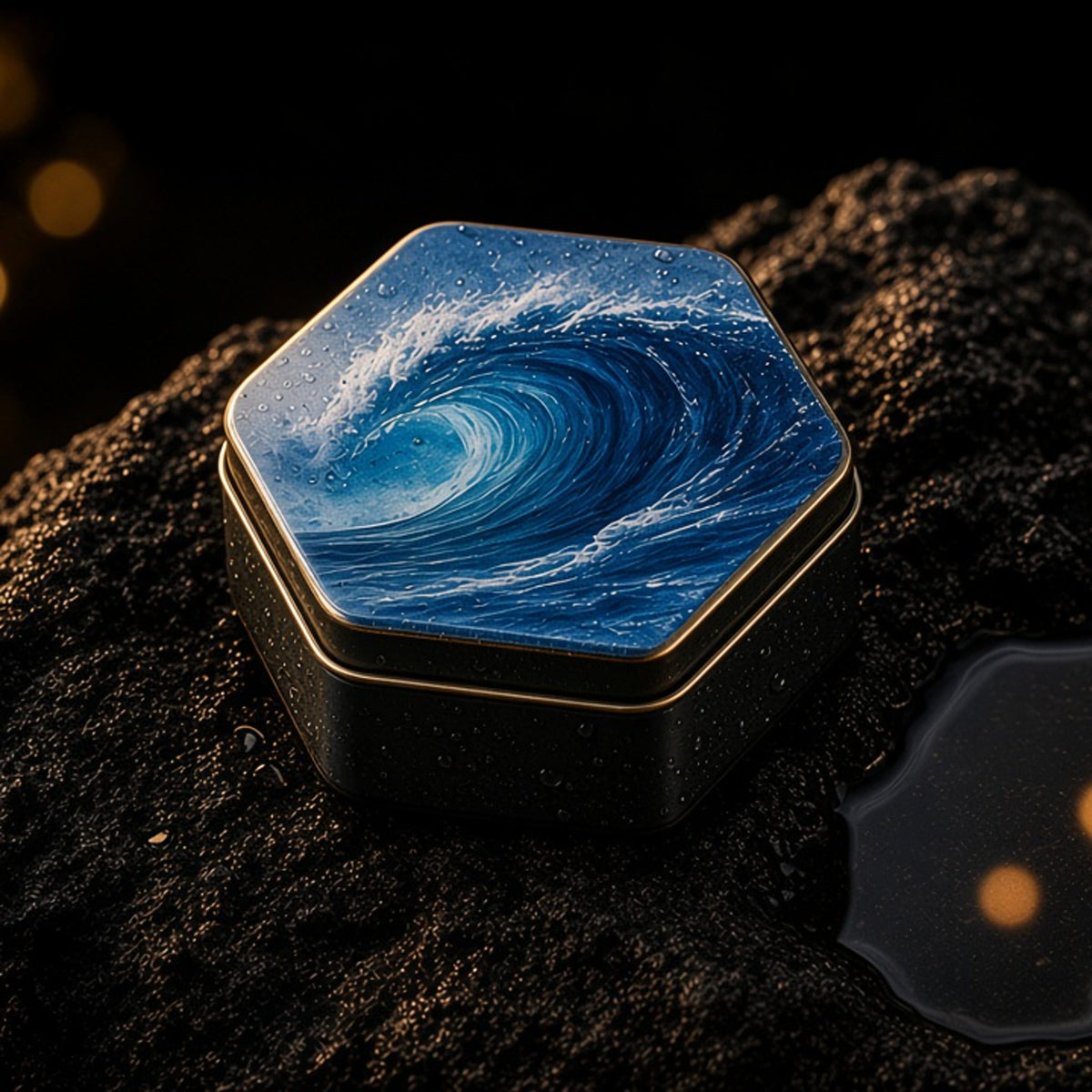 Elegant Blue solid cologne tin with ocean wave art
