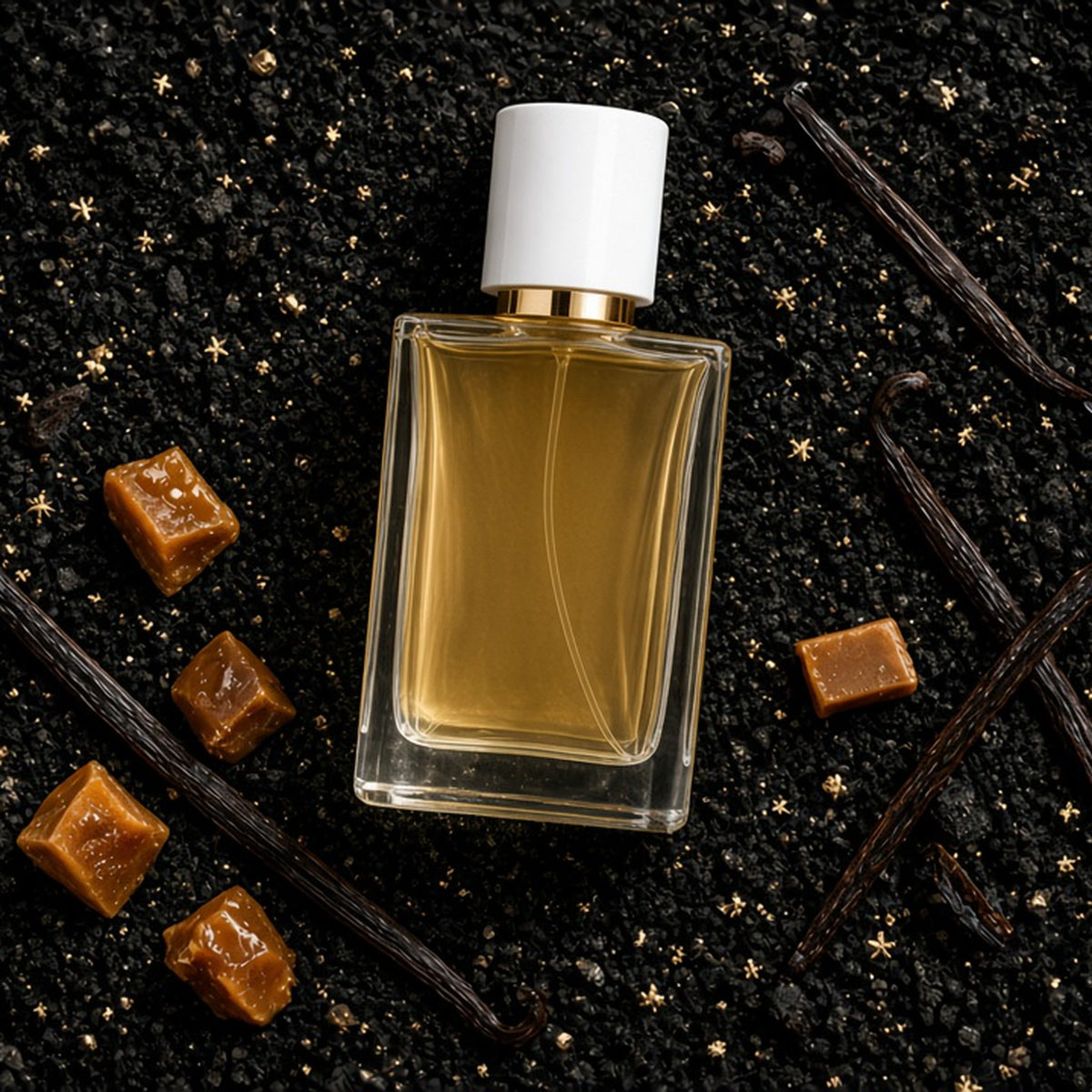 KOTH Hōkū Caramel Vanilla Eau de Parfum 100ml flat lay with vanilla pods and caramel