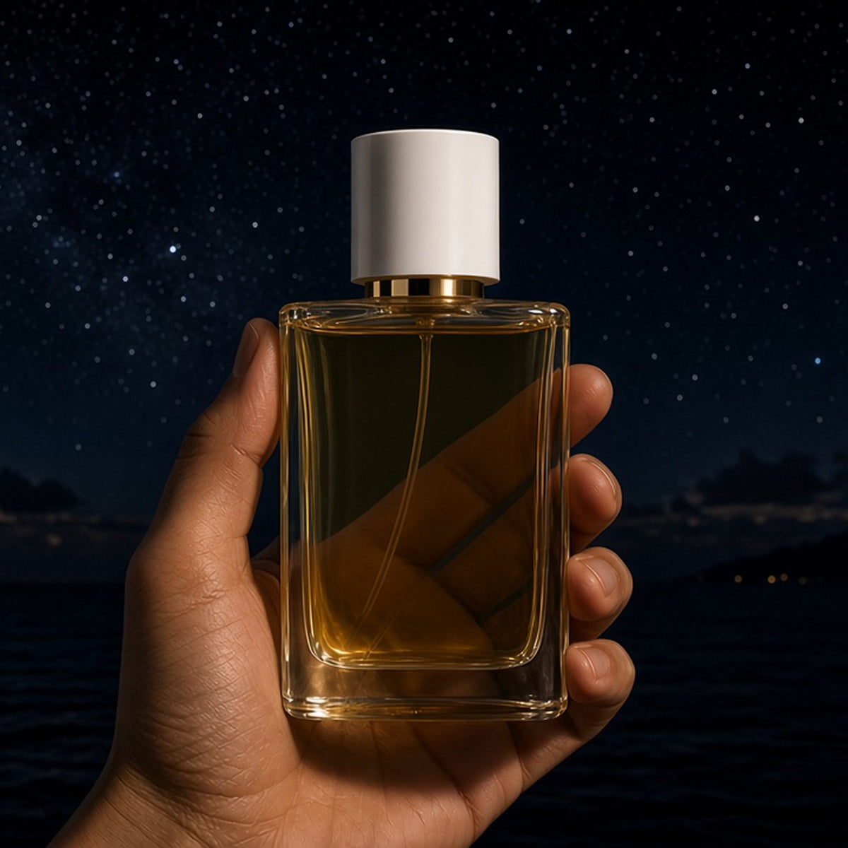 KOTH Hōkū Caramel Vanilla Eau de Parfum 100ml held under a starry night sky